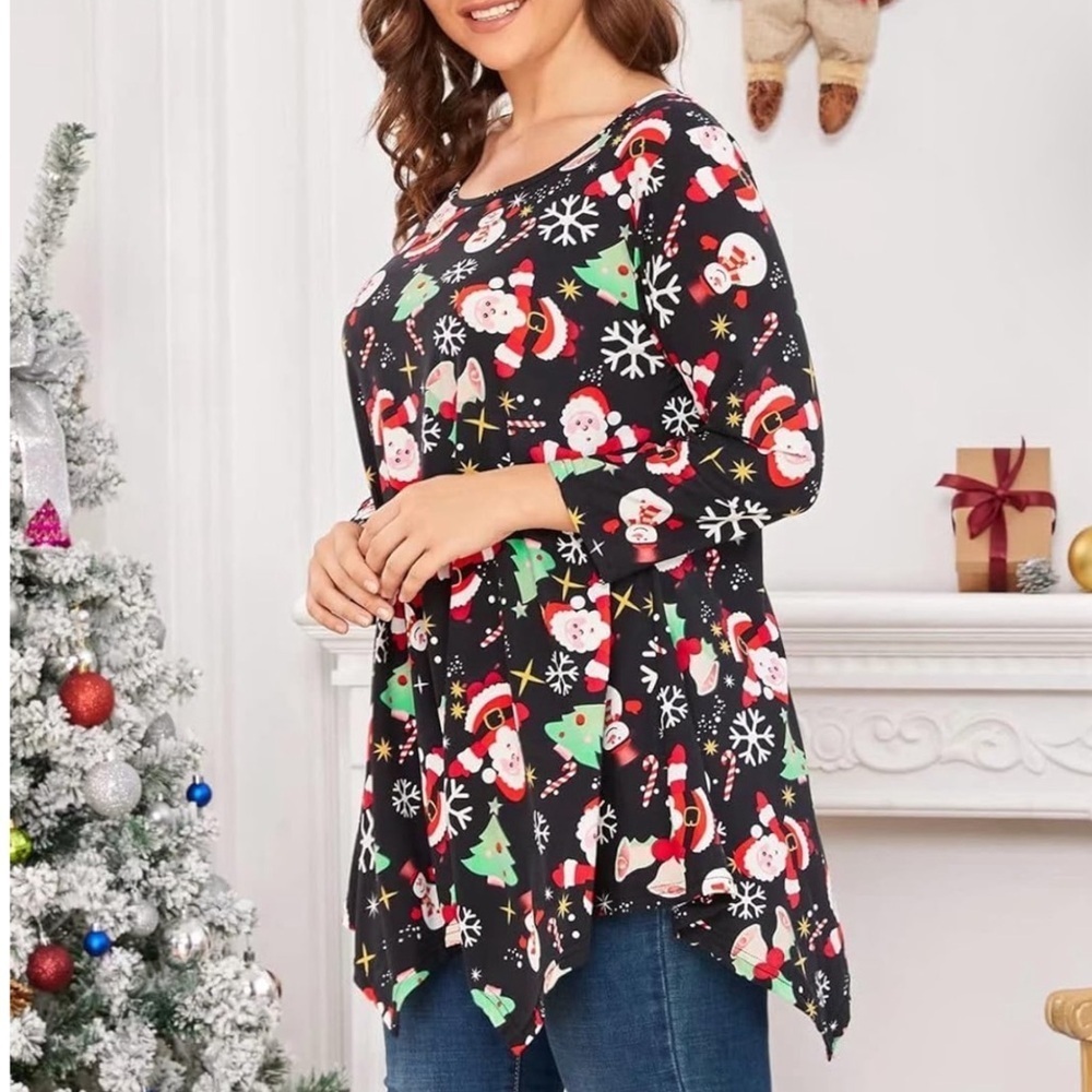 Larace Christmas Tunic Top Handkerchief Hem  3/4 Sleeve Round Neck Holiday Med - Picture 2 of 16